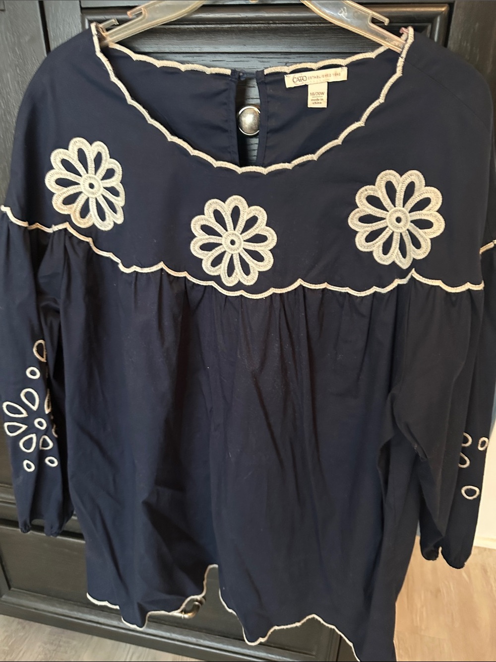 Cato Navy Top with Cream Floral Embroidery